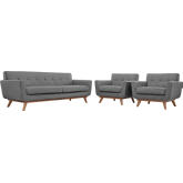 Engage Sofa & 2 Armchairs Set in Tufted Gray Fabric w/ Cherry Wood Legs