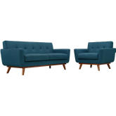 Engage Loveseat & Armchair Set in Tufted Azure Fabric w/ Cherry Wood Legs