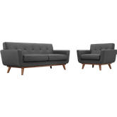 Engage Loveseat & Armchair Set in Tufted Gray Fabric w/ Cherry Wood Legs