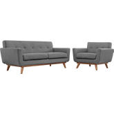 Engage Loveseat & Armchair Set in Tufted Gray Fabric w/ Cherry Wood Legs