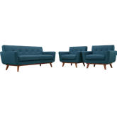Engage Loveseat & 2 Armchairs Set in Tufted Azure Fabric w/ Cherry Wood Legs