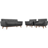 Engage Loveseat & 2 Armchairs Set in Tufted Gray Fabric w/ Cherry Wood Legs