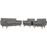 Engage Loveseat & 2 Armchairs Set in Tufted Gray Fabric w/ Cherry Wood Legs