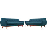 Engage Sofa & Loveseat Set in Tufted Azure Fabric w/ Cherry Wood Legs