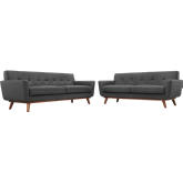 Engage Sofa & Loveseat Set in Tufted Gray Fabric w/ Cherry Wood Legs