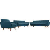 Engage Sofa, Loveseat & Armchair Set in Tufted Azure Fabric w/ Cherry Wood Legs