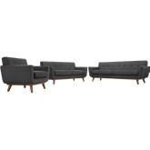 Engage Sofa, Loveseat & Armchair Set in Tufted Gray Fabric w/ Cherry Wood Legs