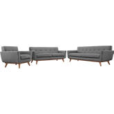 Engage Sofa Loveseat & Armchair Set in Tufted Gray Fabric w/ Cherry Wood Legs
