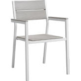 Maine Outdoor Patio Armchair Dining Chair in White Metal & Light Gray Polywood