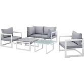 Fortuna 6 Piece Outdoor Patio Sectional Sofa Set in White w/ Gray Cushions