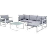 Fortuna 6 Piece Outdoor Patio Sectional Sofa Set in White w/ Gray Cushions