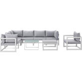 Fortuna 9 Piece Outdoor Patio Sectional Sofa Set in White w/ Gray Cushions