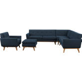 Engage 5 Piece Sectional Sofa Set in Tufted Azure Fabric on Cherry Finish Legs