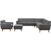 Engage 5 Piece Sectional Sofa Set in Tufted Expectation Gray Fabric on Cherry Finish Legs