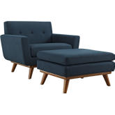 Engage Armchair & Ottoman in Tufted Azure Fabric on Cherry Finish Legs