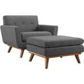 Engage Armchair & Ottoman in Tufted Gray Fabric on Cherry Finish Legs