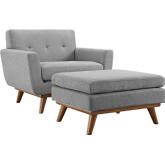 Engage Armchair & Ottoman in Tufted Expectation Gray Fabric on Cherry Finish Legs