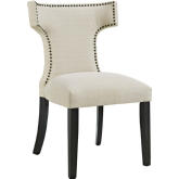 Curve Fabric Dining Chair in Beige w/ Nailhead Trim on Black Wood Legs