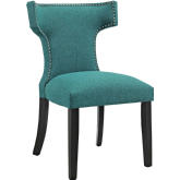 Curve Fabric Dining Chair in Teal w/ Nailhead Trim on Black Wood Legs