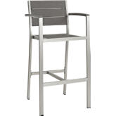 Shore Outdoor Patio Aluminum Arm Bar Stool in Brushed Silver w/ Gray Slats