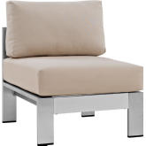 Shore Armless Outdoor Patio Aluminum Chair in Silver w/ Beige Fabric Cushions