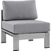 Shore Armless Outdoor Patio Aluminum Chair in Silver w/ Gray Fabric Cushions