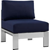Shore Armless Outdoor Patio Aluminum Chair in Silver w/ Navy Fabric Cushions