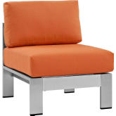 Shore Armless Outdoor Patio Aluminum Chair in Silver w/ Orange Fabric Cushions