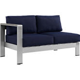 Shore Left-Arm Corner Sectional Outdoor Patio Aluminum Loveseat in Silver w/ Navy Cushions