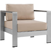 Shore Outdoor Patio Aluminum Armchair in Silver w/ Beige Cushions
