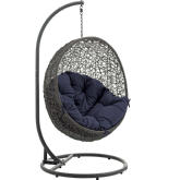 Hide Outdoor Patio Swing Chair in Gray Steel & Poly Rattan w/ Navy Fabric Cushion