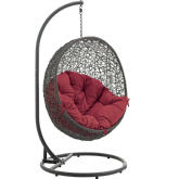 Hide Outdoor Patio Swing Chair in Gray Steel & Poly Rattan w/ Red Fabric Cushion