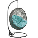 Hide Outdoor Patio Swing Chair in Gray Steel & Poly Rattan w/ Turquoise Fabric Cushion