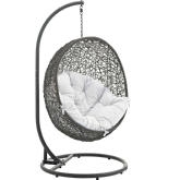 Hide Outdoor Patio Swing Chair w/ Stand in Gray Poly Rattan w/ White Cushion