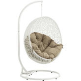 Hide Outdoor Patio Swing Chair in White Steel & Poly Rattan w/ Mocha Fabric Cushion