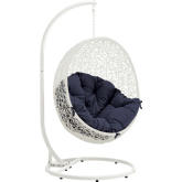 Hide Outdoor Patio Swing Chair in White Steel & Poly Rattan w/ Navy Fabric Cushion
