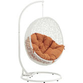 Hide Outdoor Patio Swing Chair in White Steel & Poly Rattan w/ Orange Fabric Cushion