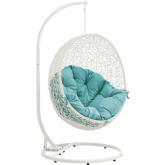 Hide Outdoor Patio Swing Chair in White Steel & Poly Rattan w/ Turquoise Fabric Cushion