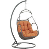 Arbor Outdoor Patio Wood Swing Chair in Steel & Grey Poly Rattan w/ Orange Fabric Cushion
