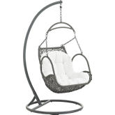 Arbor Outdoor Patio Wood Swing Chair in Steel & Grey Poly Rattan w/ White Fabric Cushion
