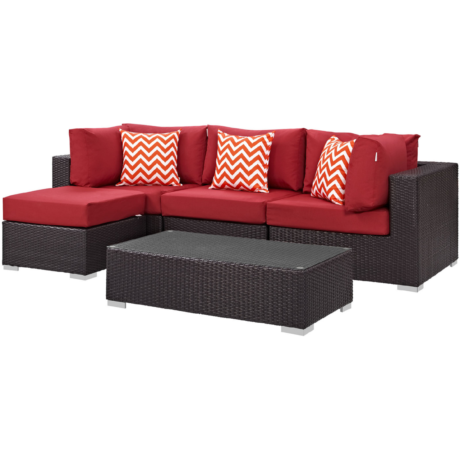 Modway Convene Wicker Rattan 5-Piece Outdoor Patio Furniture Set with Cushions in Espresso Red