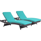 Convene Outdoor Patio Chaise in Espresso Poly Rattan w/ Turquoise Cushions (Set of 2)