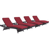 Convene Outdoor Patio Chaise in Espresso Poly Rattan w/ Red Cushions (Set of 4)
