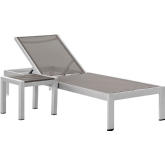 Shore Outdoor Patio Chaise & Table Set in Brushed Aluminum & Gray Mesh