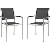 Shore Outdoor Patio Dining Arm Chair in Brushed Aluminum & Black Mesh (Set of 2)