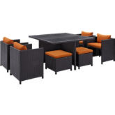 Inverse 9 Pc. Outdoor Patio Dining Set in Synthetic Rattan w/ Orange Cushions