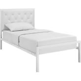 Mia Twin Tufted White Leatherette Bed on White Metal Frame