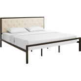 Mia King Tufted Beige Fabric Bed on Brown Metal Frame