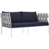Harmony Outdoor Sectional Sofa Unit Loveseat in White Metal & Navy Blue