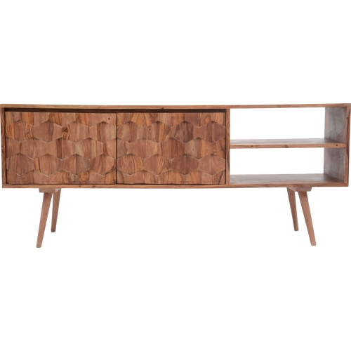 O2 57" TV Stand Cabinet in Solid Sheesham Wood with Patterned Doors